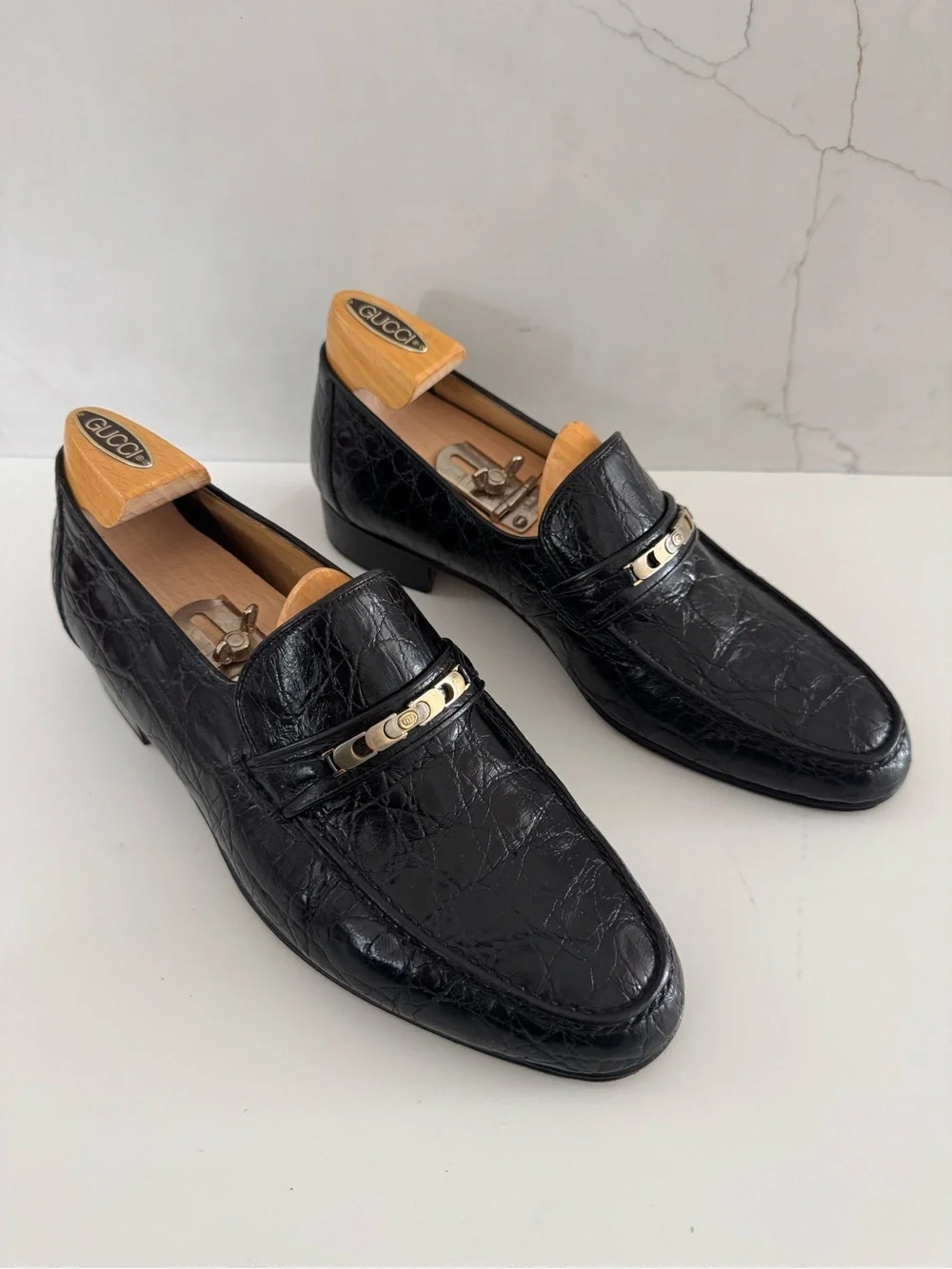 Gucci Vintage Black- Horsebit crocodile-embossed loafers Shoes  Sz 42.5-US 9-9.5